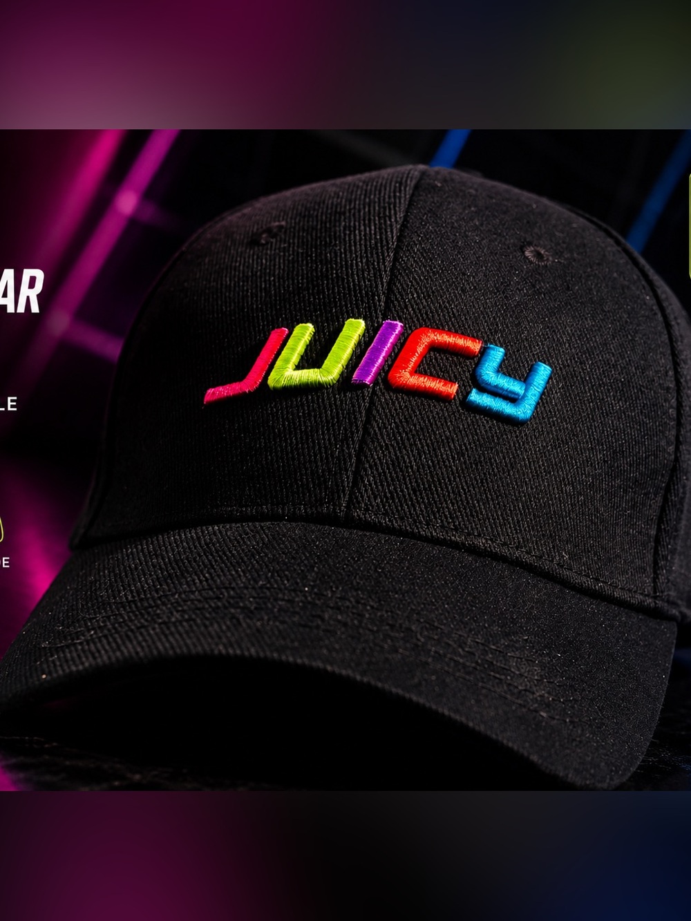 Juicy Couture  Black Cap with Neon Rainbow Logo